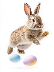 Obraz premium Cute rabbit jumping surrounded by floating colorful Easter eggs isolated on white background.