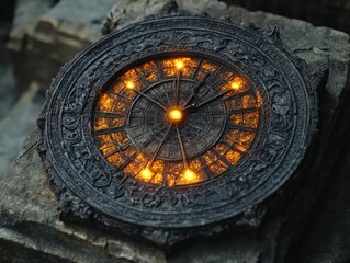 Ancient glowing stone clock mystic symbols