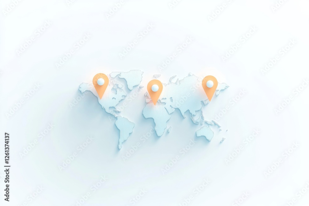 Poster flat design representation of a world map with location markers highlighting different areas