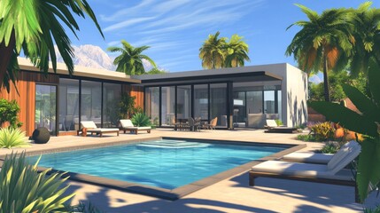 Fototapeta premium Modern tropical villa with pool and mountain backdrop offers luxury living