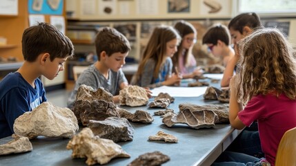 Engaged elementary students observing geology specimens in classroom setting