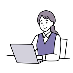 スーツでパソコンを操作する笑顔の女性　シンプル
