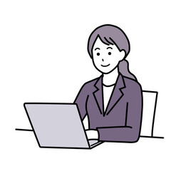 スーツでパソコンを操作する笑顔の女性　シンプル