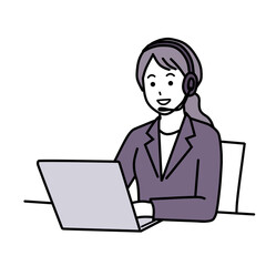 スーツでヘッドセットをしている笑顔の女性　シンプル