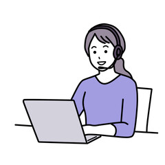 私服でヘッドセットをしている笑顔の女性　シンプル