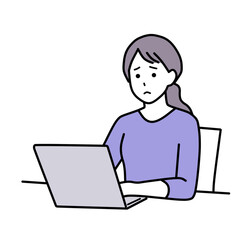 私服でパソコンを操作する困った顔の女性　シンプル
