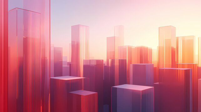 A futuristic cityscape with towering glass structures illuminated by the setting sun, creating a surreal and ethereal ambiance. Ethereal Glass Cities. Illustration
