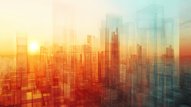 A futuristic cityscape with towering glass structures illuminated by the setting sun, creating a surreal and ethereal ambiance. Ethereal Glass Cities. Illustration