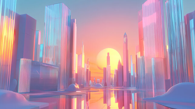 A futuristic cityscape with towering glass structures illuminated by the setting sun, creating a surreal and ethereal ambiance. Ethereal Glass Cities. Illustration