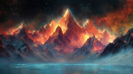 Fiery mountains ablaze, icy lake reflects celestial night.