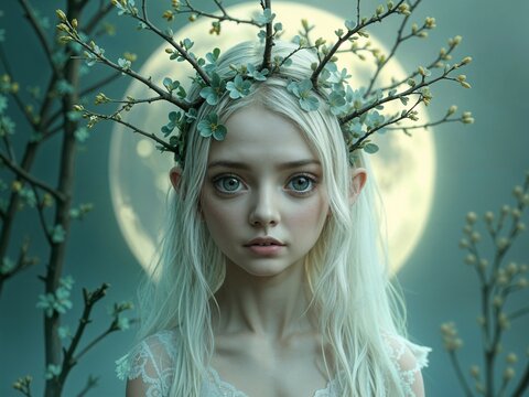 Fantasy girl with platinum hair and leafy crown.