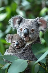 Fototapeta premium Koala with baby on back, daylight, closeup, adorable and nurturing