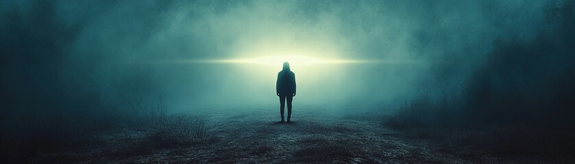 Mysterious figure standing in foggy landscape ethereal light digital art surreal environment rear view exploration concept