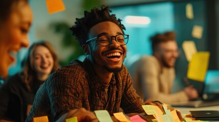 Joyful team collaboration in creative brainstorming session with colorful sticky notes