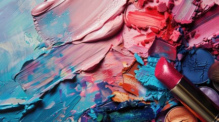 Crushed eyeshadow and makeup products creating artistic texture in colorful tones, cosmetics background