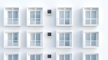 Fototapeta premium residential building exterior, repetitive balcony pattern, sleek window design, urban aesthetic, isolated on white background
