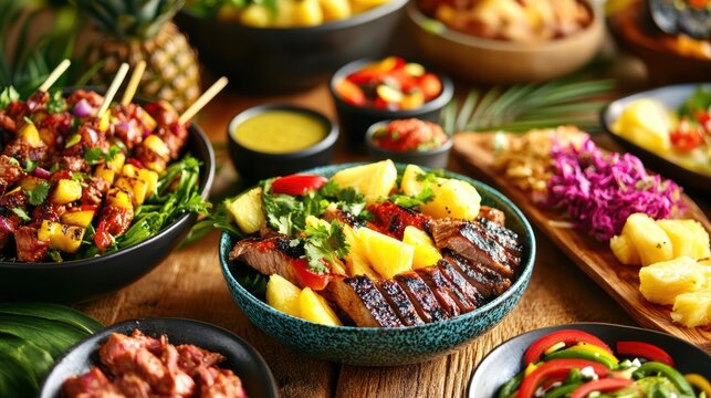 Colorful hawaiian feast with grilled meat, pineapple, and fresh salads on rustic table