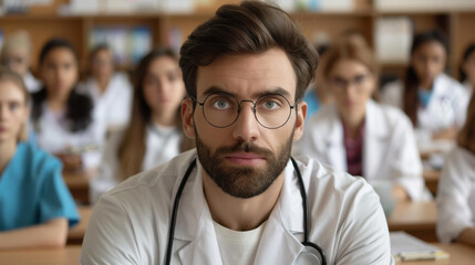 Obraz premium A focused medical student engages in a lively lecture, surrounded by peers eager to learn in a vibrant setting.