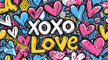 Obraz premium Bold pop art-style seamless pattern with comic-style XOXO and Love lettering, bright colors, dynamic repeat design for apparel