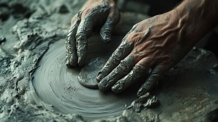 Artisan shaping clay: hands crafting pottery on spinning wheel