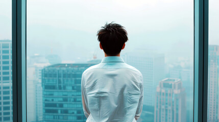 Fototapeta premium A sharp businessman stands confidently by a highrise window, showcasing ambition amid the bustling city below.