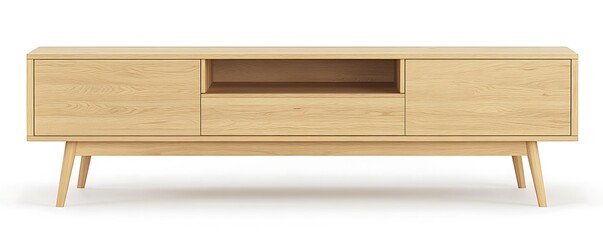 Scandinavian TV stand cabinet with light oak finish, clean lines, and tapered legs, isolated on a white background.