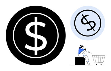 Large black dollar sign inside circle, smaller blue dollar sign, and person with shopping cart. Ideal for finance, e-commerce, investment, savings, shopping money management business. Abstract line