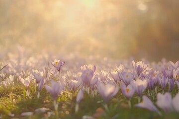 Obraz premium Serene spring meadow adorned with delicate purple crocus flowers in full bloom. The composition captures the essence of early spring.