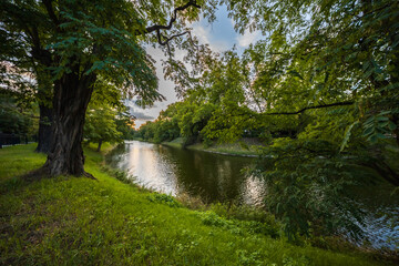 Tranquil City Moat Surrounded by Lush Greenery at Sunset