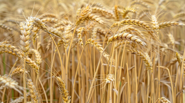 Ripening Wheat Ears in Rural Field: Sunlit wheat stalks with golden grains bending in a vast field, representing the cycle of farming and the anticipation of harvest.