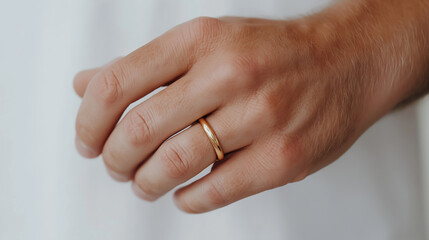 A man is holding his hand up to show a gold ring on his finger. The ring is a simple band with a gold band