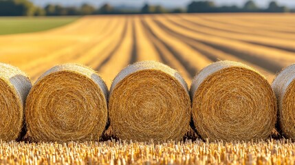 Rustic close-up of round hay bales, rich golden straw texture, soft digital lighting for a cozy, organic background
