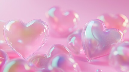 Fototapeta premium Holographic hearts on a pink background with copy space for the text.