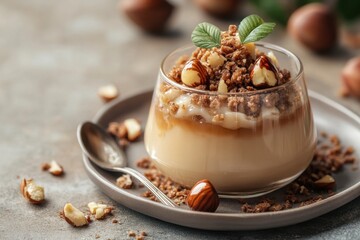 Dessert in a glass with nuts crumbs and green leaves