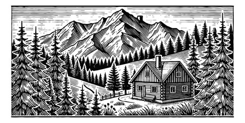 mountain landscape with a small wooden cabin, surrounded engraving black and white outline