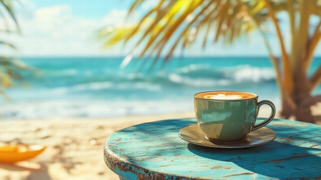 Serene beachside coffee moment: relaxation by the ocean