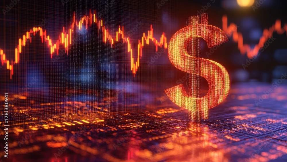 Poster abstract financial design featuring glowing dollar symbol and trading graph with dynamic lines depic