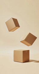 Beige cardboard boxes levitating against a beige background
