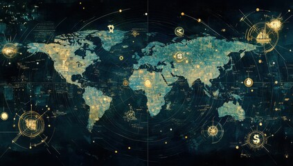 Obraz premium Artistic Visualization of a Global Map with Abstract Icons and Bright Gold Elements Representing Economics, Technology, and Navigation Across the World