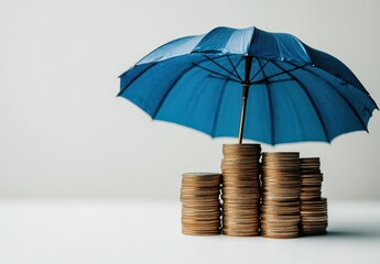 Blue Umbrella Protecting Stacks of Coins on White Background Symbolizing Financial Security and Savings Strategy in Personal Finance Management