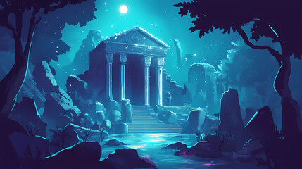 Forgotten underwater shrine, faint glow illuminating ancient ruins, remnants of a sunken city, evoking mystery and allure of lost civilizations. Ancient Sunken Civilizations. Illustration