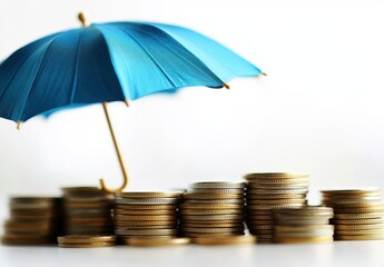 Blue Umbrella Protecting Stacks of Coins Symbolizing Financial Security and Investment Strategy for Wealth Management and Savings Planning