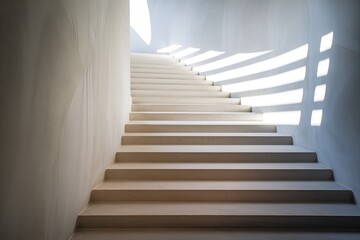 Fototapeta premium Modern minimalist concrete staircase ascending towards bright sunlight and dramatic shadows, contemporary architectural design, abstract steps background.