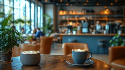 Two latte art coffees on cafe table