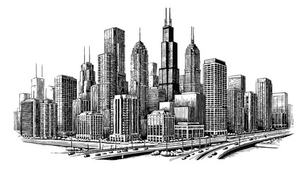 modern city skyline engraving black and white outline