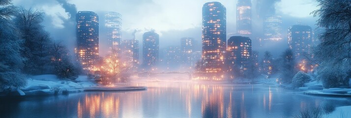 Snowy city skyline reflected in tranquil winter water