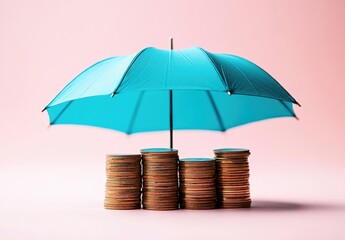 Colorful umbrella protecting stacks of coins symbolizing financial security and savings against risks in a minimalist and modern concept image