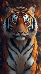 Fototapeta premium Majestic tiger portrait autumn leaves background