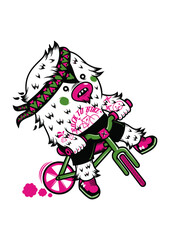 Ride On: An adventurous cartoon character, full of furry charm, pedals joyfully on a bicycle, sporting a stylish bandana and vibrant pink accents.