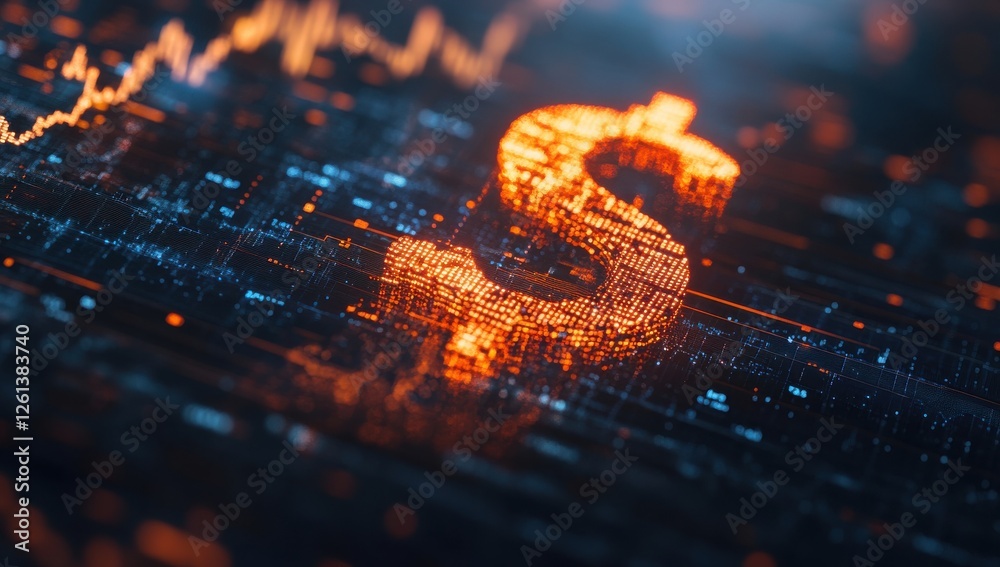 Poster digital dollar symbol surrounded by data streams and financial graphs representing modern currency a